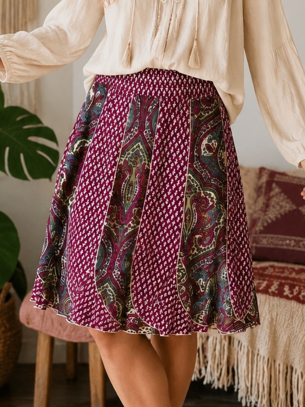 Sahalie Boho Paisley Cotton Skirt Size Large Fully Lined Festival Cottagecore